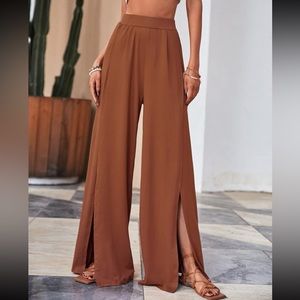 Solid Split Hem Wide Leg Pants